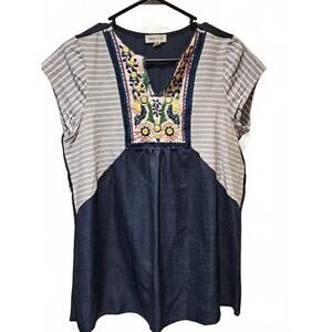 Hailey & Co Top Blouse Embroidered Floral Flower Cap Sleeve Linen Blend  Large